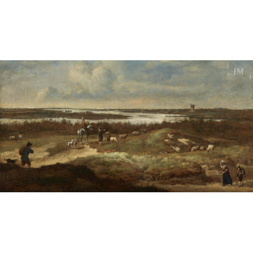 An extensive coastal Landscape, with a shepherd, horseman and other figures